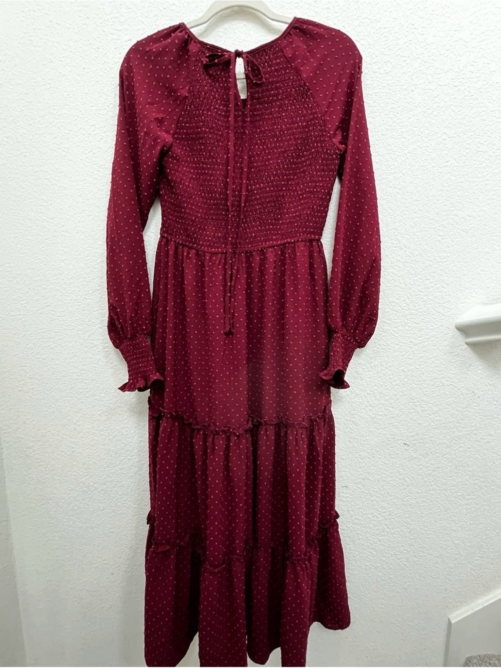 Smocked Bodice Burgundy Maxi Dress with Long Sleeves - Picture 7 of 9